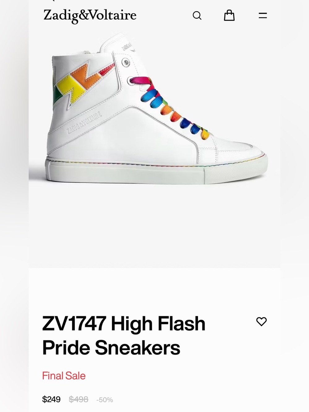 NIB ZADIG & VOLTAIRE ZV1747 HIGH FLASH PRIDE 100% LEATHER SNEAKERS UNISEX EU 43 - Picture 16 of 17